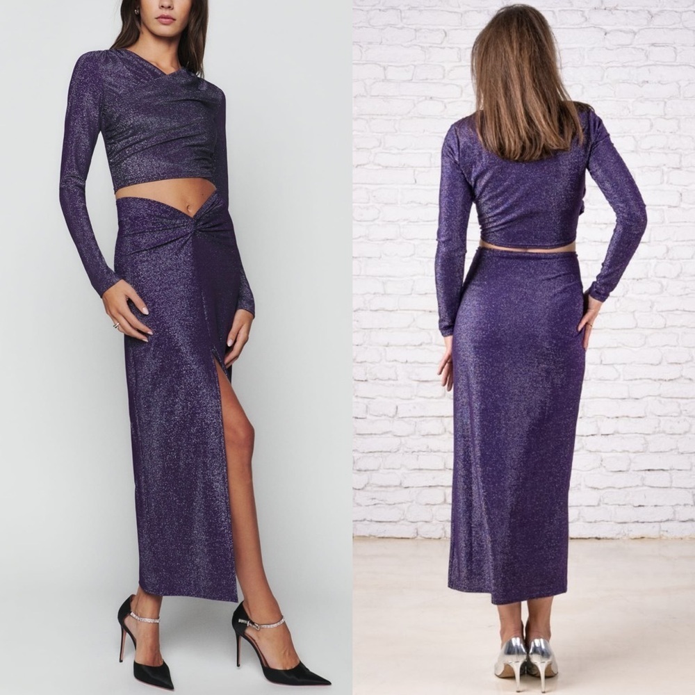 REFORMATION 90s Metallic Sparkle Ruched Waist High Rise Front Slit Maxi Skirt XL